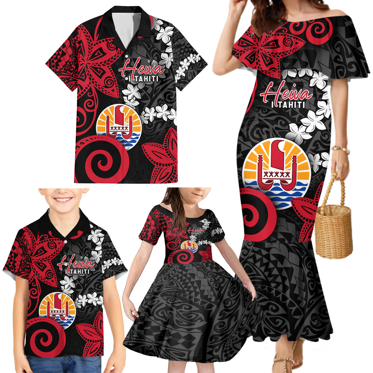 Tahiti Heiva Festival Family Matching Mermaid Dress and Hawaiian Shirt Floral Pattern With Coat Of Arms