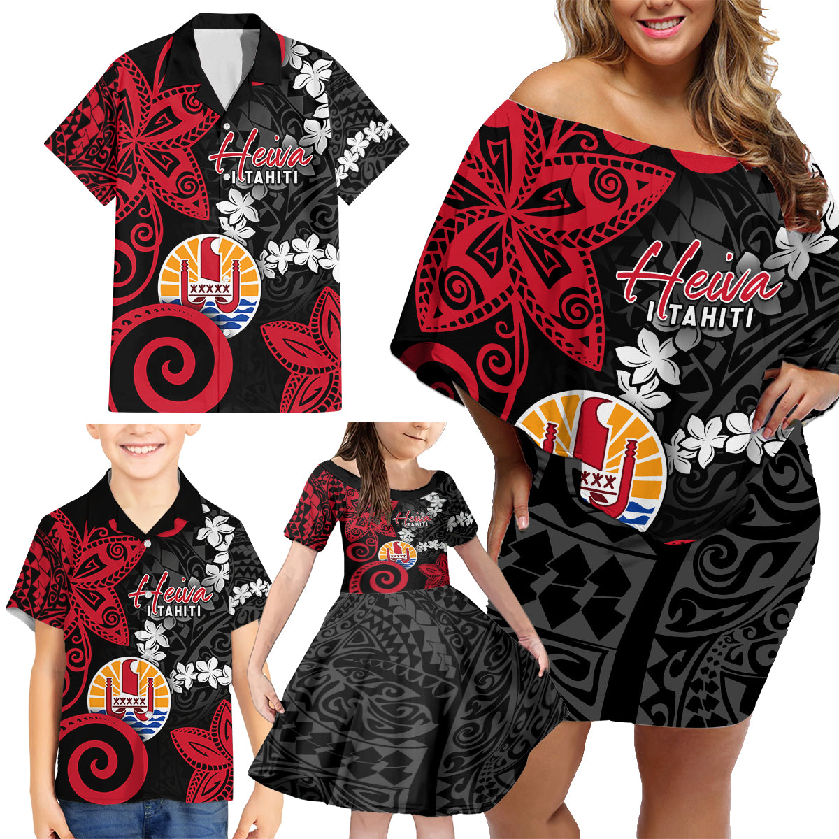 Tahiti Heiva Festival Family Matching Off Shoulder Short Dress and Hawaiian Shirt Floral Pattern With Coat Of Arms