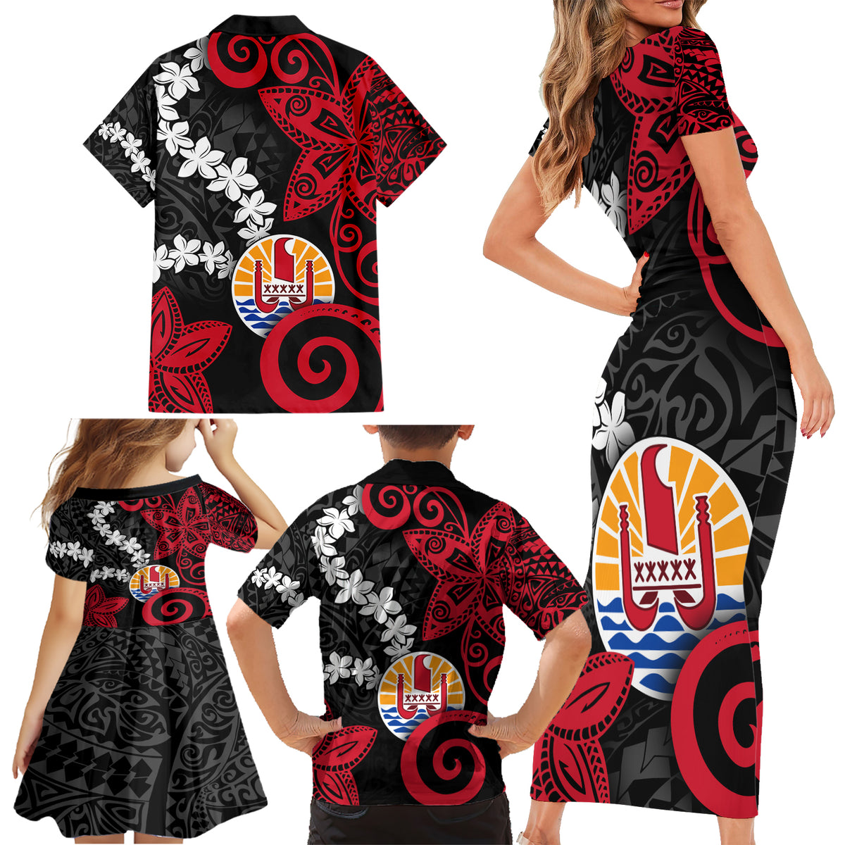 Tahiti Heiva Festival Family Matching Short Sleeve Bodycon Dress and Hawaiian Shirt Floral Pattern With Coat Of Arms