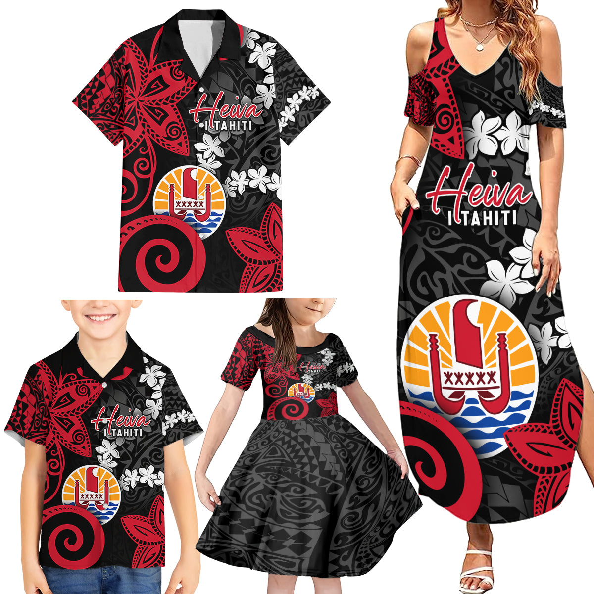 Tahiti Heiva Festival Family Matching Summer Maxi Dress and Hawaiian Shirt Floral Pattern With Coat Of Arms