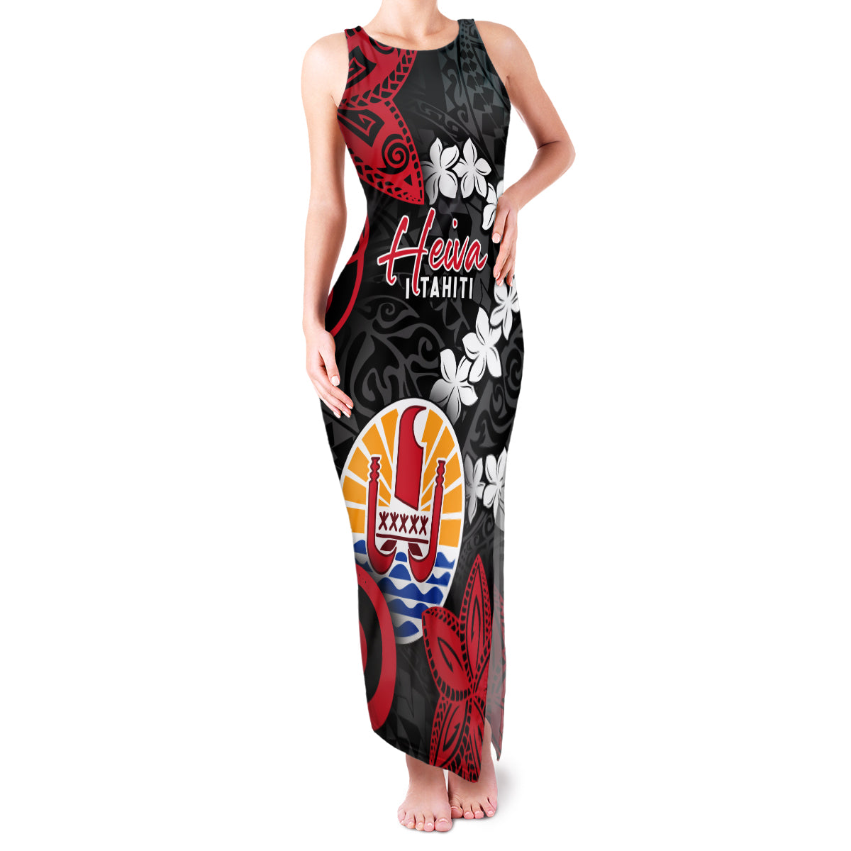 Tahiti Heiva Festival Family Matching Tank Maxi Dress and Hawaiian Shirt Floral Pattern With Coat Of Arms