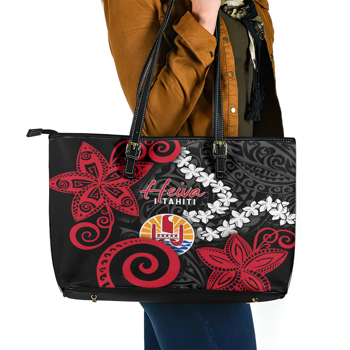 Tahiti Heiva Festival Leather Tote Bag Floral Pattern With Coat Of Arms