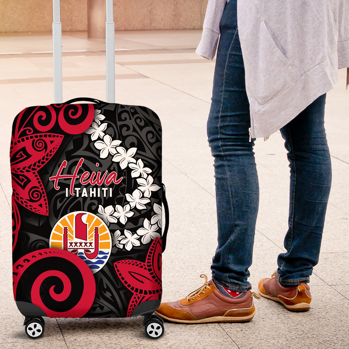 Tahiti Heiva Festival Luggage Cover Floral Pattern With Coat Of Arms