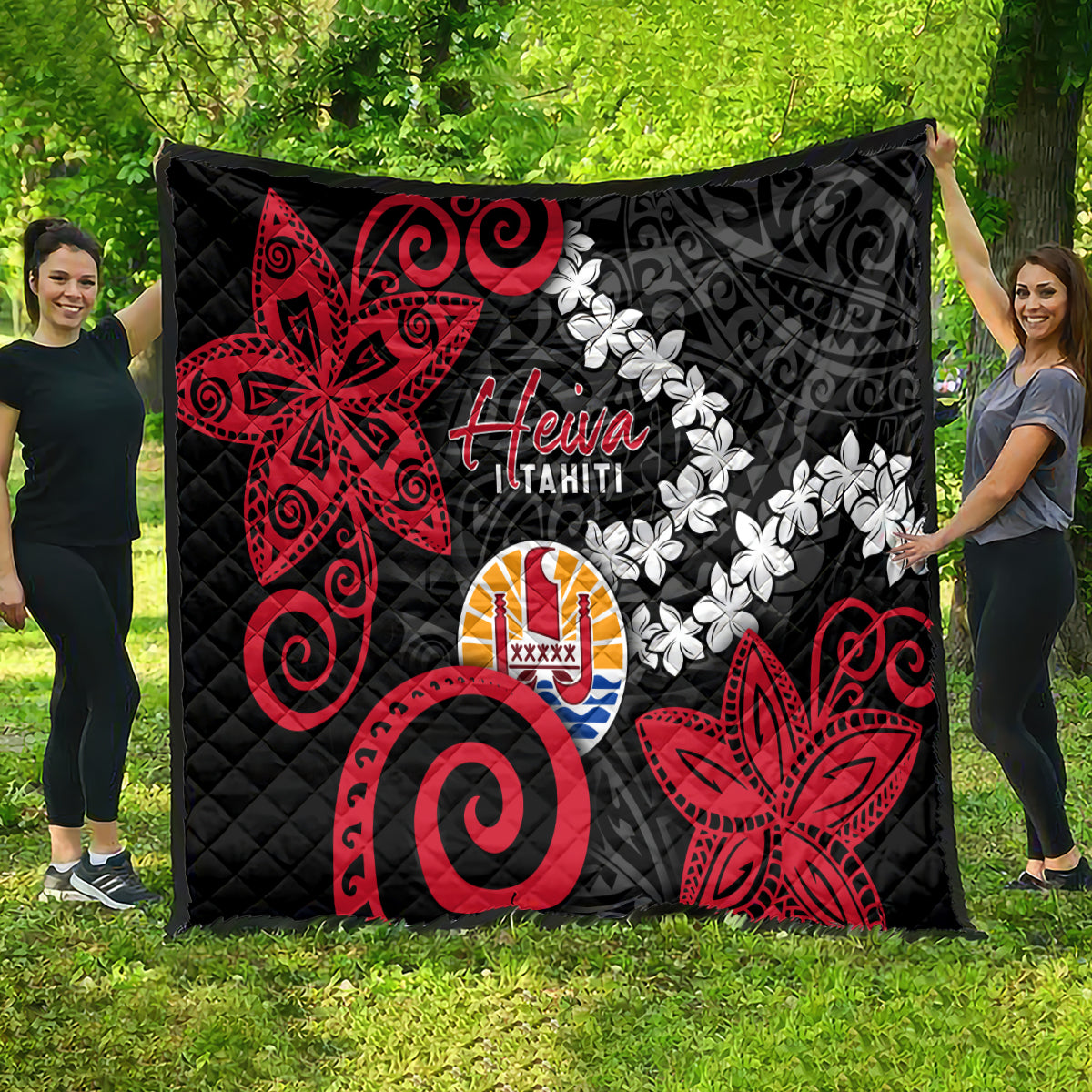 Tahiti Heiva Festival Quilt Floral Pattern With Coat Of Arms