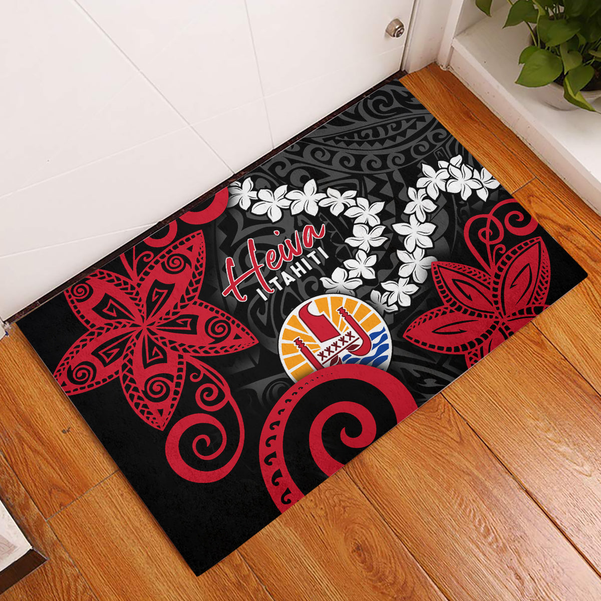 Tahiti Heiva Festival Rubber Doormat Floral Pattern With Coat Of Arms