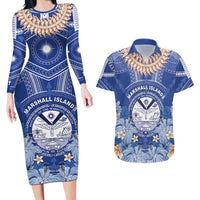 Marshall Islands Jemenei Day Couples Matching Long Sleeve Bodycon Dress and Hawaiian Shirt Polynesian Tribal Tattoo Seashell Necklace