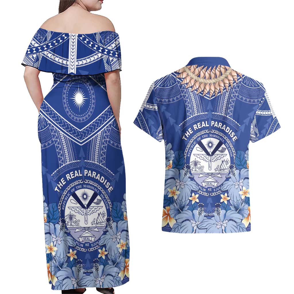 Marshall Islands Jemenei Day Couples Matching Off Shoulder Maxi Dress and Hawaiian Shirt Polynesian Tribal Tattoo Seashell Necklace