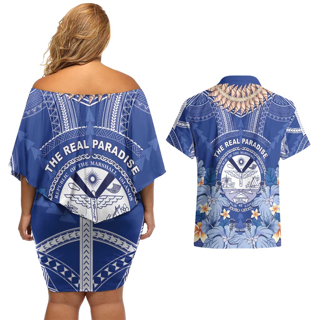 Marshall Islands Jemenei Day Couples Matching Off Shoulder Short Dress and Hawaiian Shirt Polynesian Tribal Tattoo Seashell Necklace