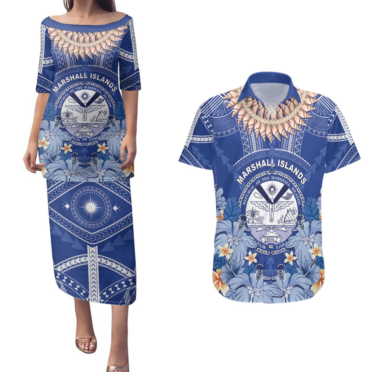 Marshall Islands Jemenei Day Couples Matching Puletasi and Hawaiian Shirt Polynesian Tribal Tattoo Seashell Necklace