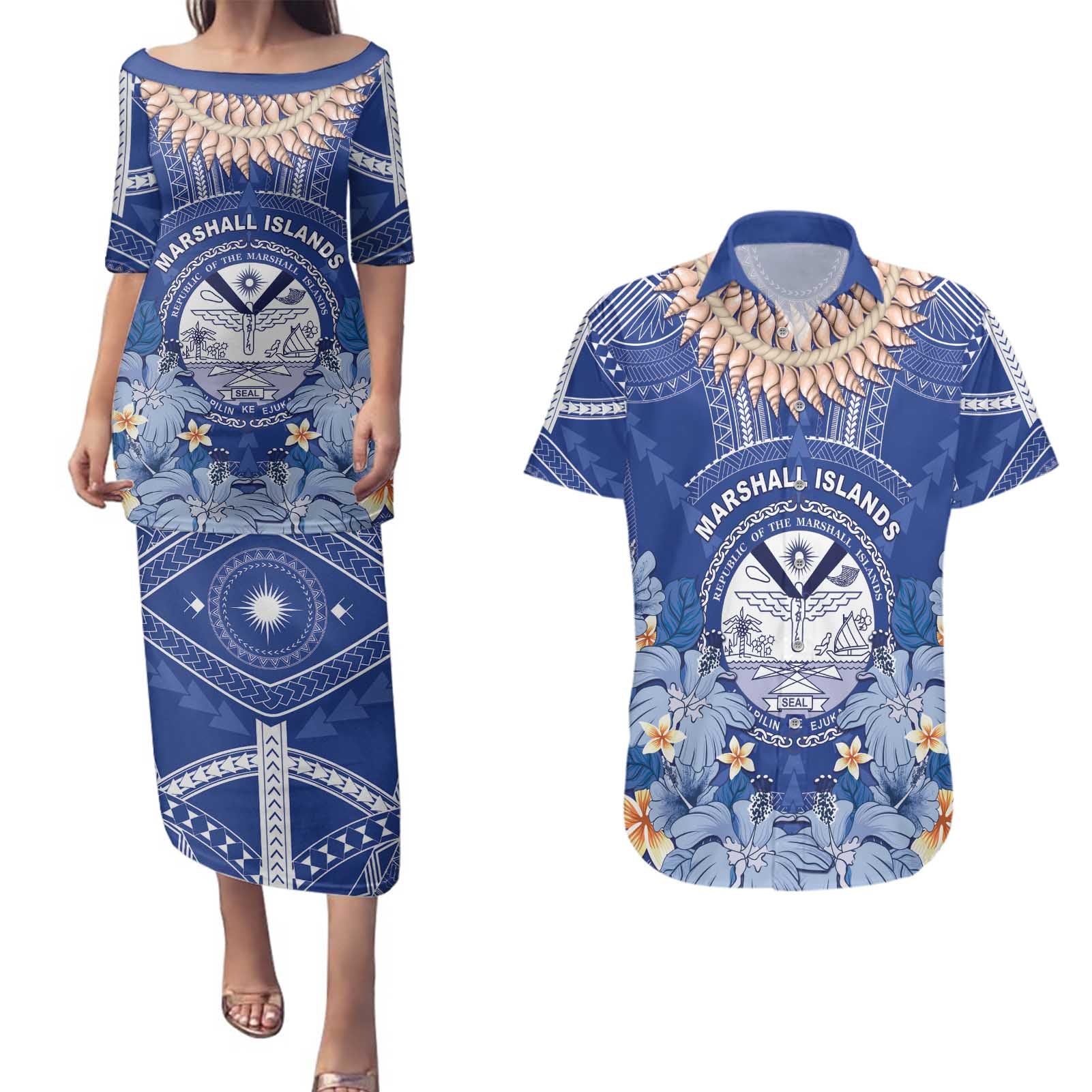 Marshall Islands Jemenei Day Couples Matching Puletasi and Hawaiian Shirt Polynesian Tribal Tattoo Seashell Necklace