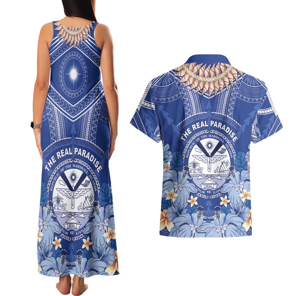 Marshall Islands Jemenei Day Couples Matching Tank Maxi Dress and Hawaiian Shirt Polynesian Tribal Tattoo Seashell Necklace