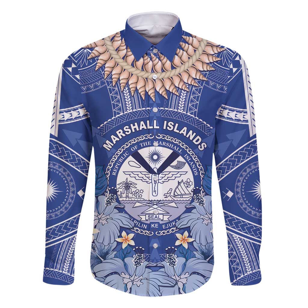 Marshall Islands Jemenei Day Family Matching Long Sleeve Bodycon Dress and Hawaiian Shirt Polynesian Tribal Tattoo Seashell Necklace