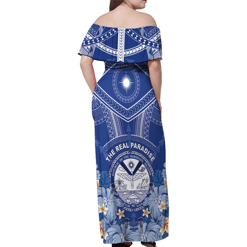 Marshall Islands Jemenei Day Family Matching Off Shoulder Maxi Dress and Hawaiian Shirt Polynesian Tribal Tattoo Seashell Necklace