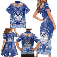 Marshall Islands Jemenei Day Family Matching Short Sleeve Bodycon Dress and Hawaiian Shirt Polynesian Tribal Tattoo Seashell Necklace