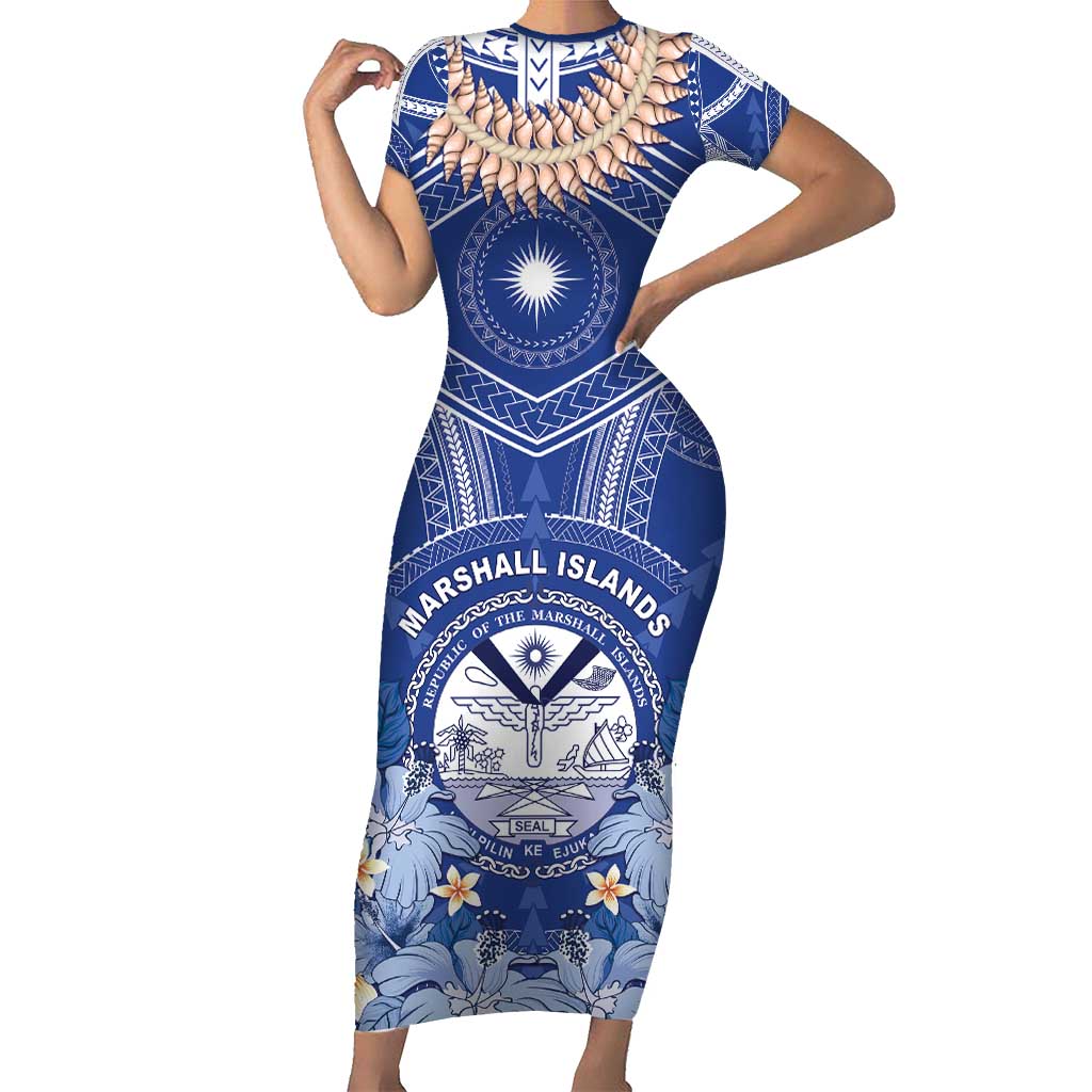 Marshall Islands Jemenei Day Family Matching Short Sleeve Bodycon Dress and Hawaiian Shirt Polynesian Tribal Tattoo Seashell Necklace