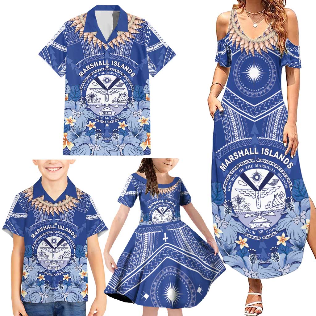 Marshall Islands Jemenei Day Family Matching Summer Maxi Dress and Hawaiian Shirt Polynesian Tribal Tattoo Seashell Necklace