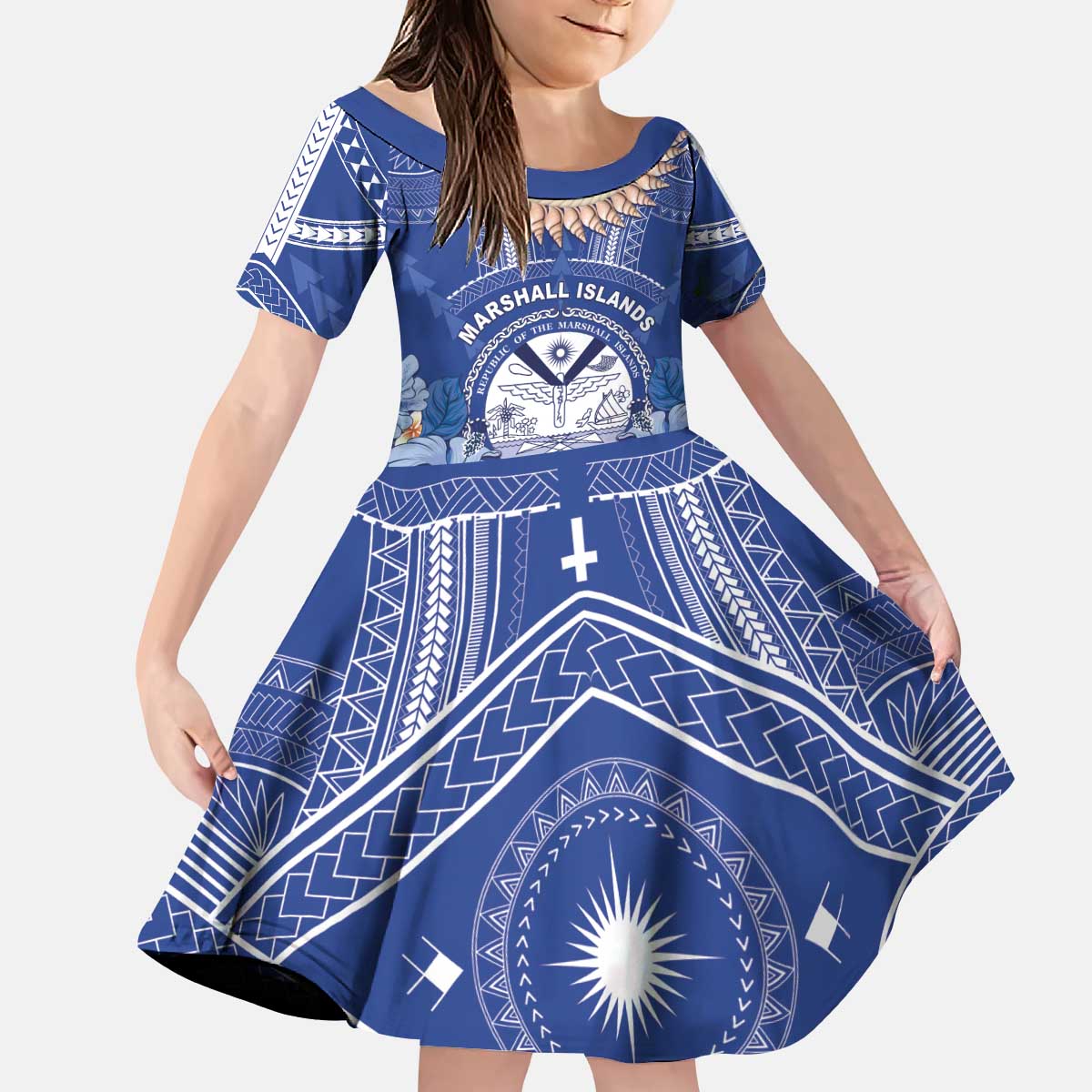 Marshall Islands Jemenei Day Kid Short Sleeve Dress Polynesian Tribal Tattoo Seashell Necklace
