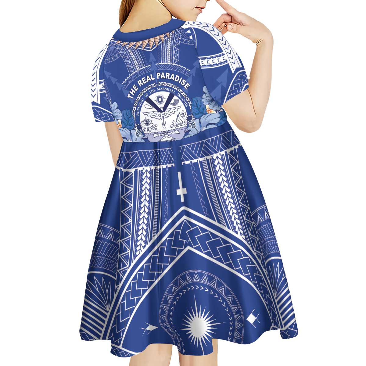 Marshall Islands Jemenei Day Kid Short Sleeve Dress Polynesian Tribal Tattoo Seashell Necklace