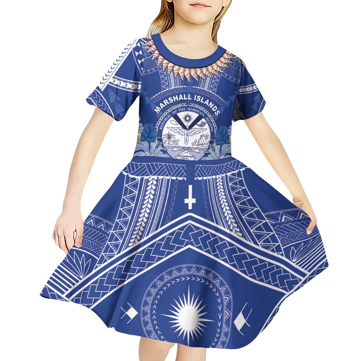 Marshall Islands Jemenei Day Kid Short Sleeve Dress Polynesian Tribal Tattoo Seashell Necklace