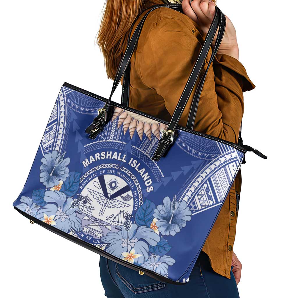 Marshall Islands Jemenei Day Leather Tote Bag Polynesian Tribal Tattoo Seashell Necklace