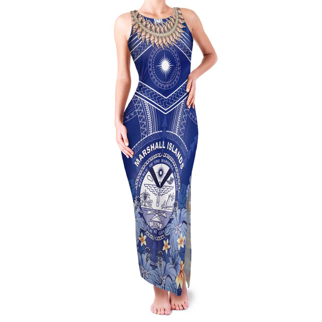 Marshall Islands Jemenei Day Tank Maxi Dress Polynesian Tribal Tattoo Seashell Necklace LT05 Women Blue - Polynesian Pride