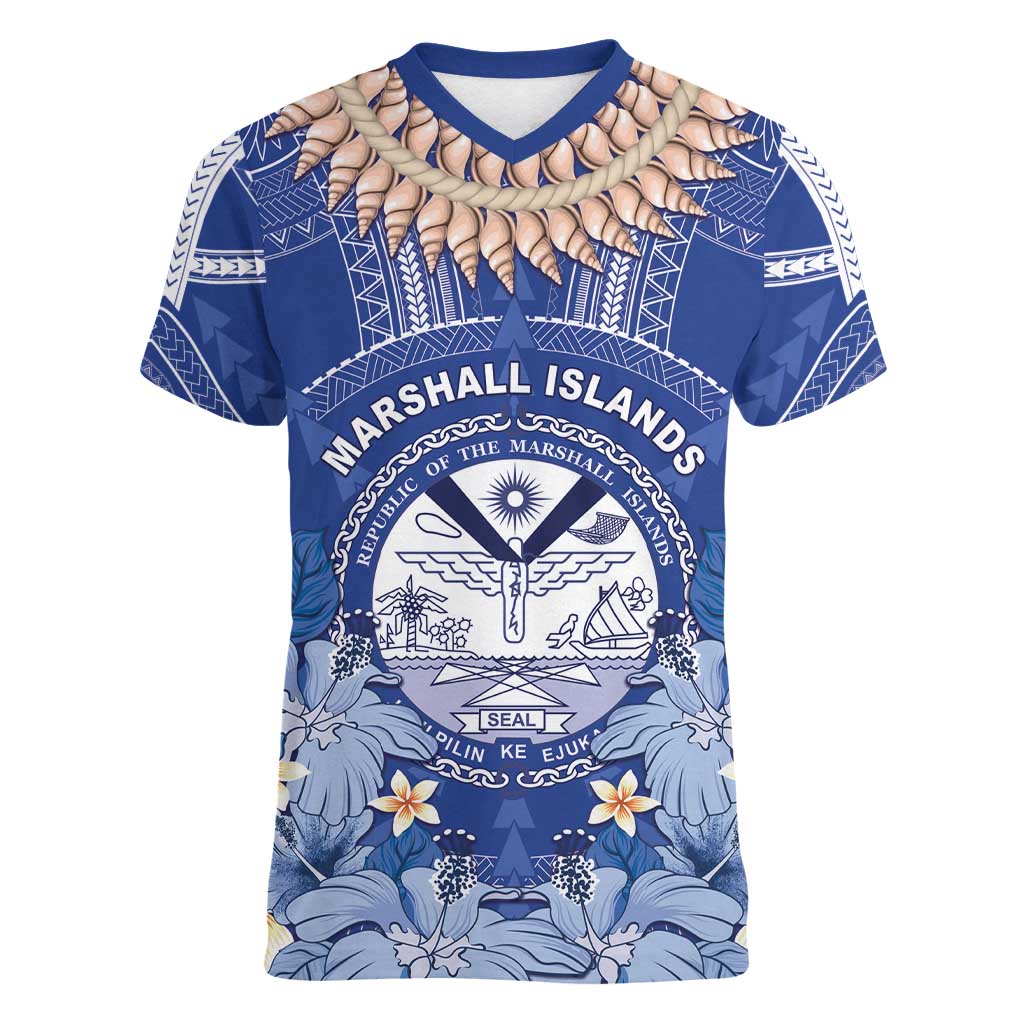 Marshall Islands Jemenei Day Women V-Neck T-Shirt Polynesian Tribal Tattoo Seashell Necklace