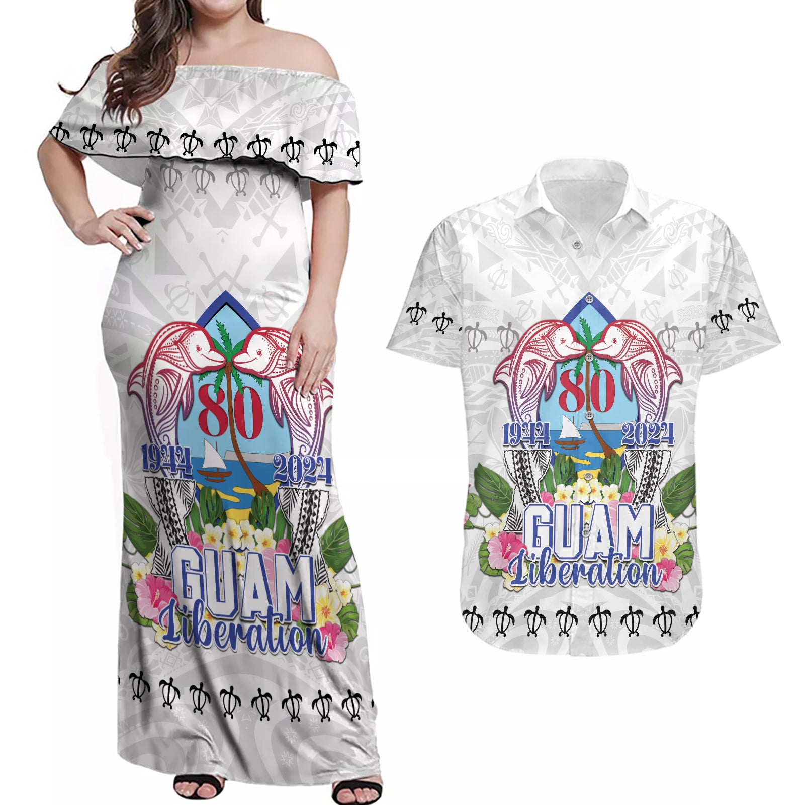 Guam Chamorro Liberation Day Couples Matching Off Shoulder Maxi Dress and Hawaiian Shirt 80th Anniversary