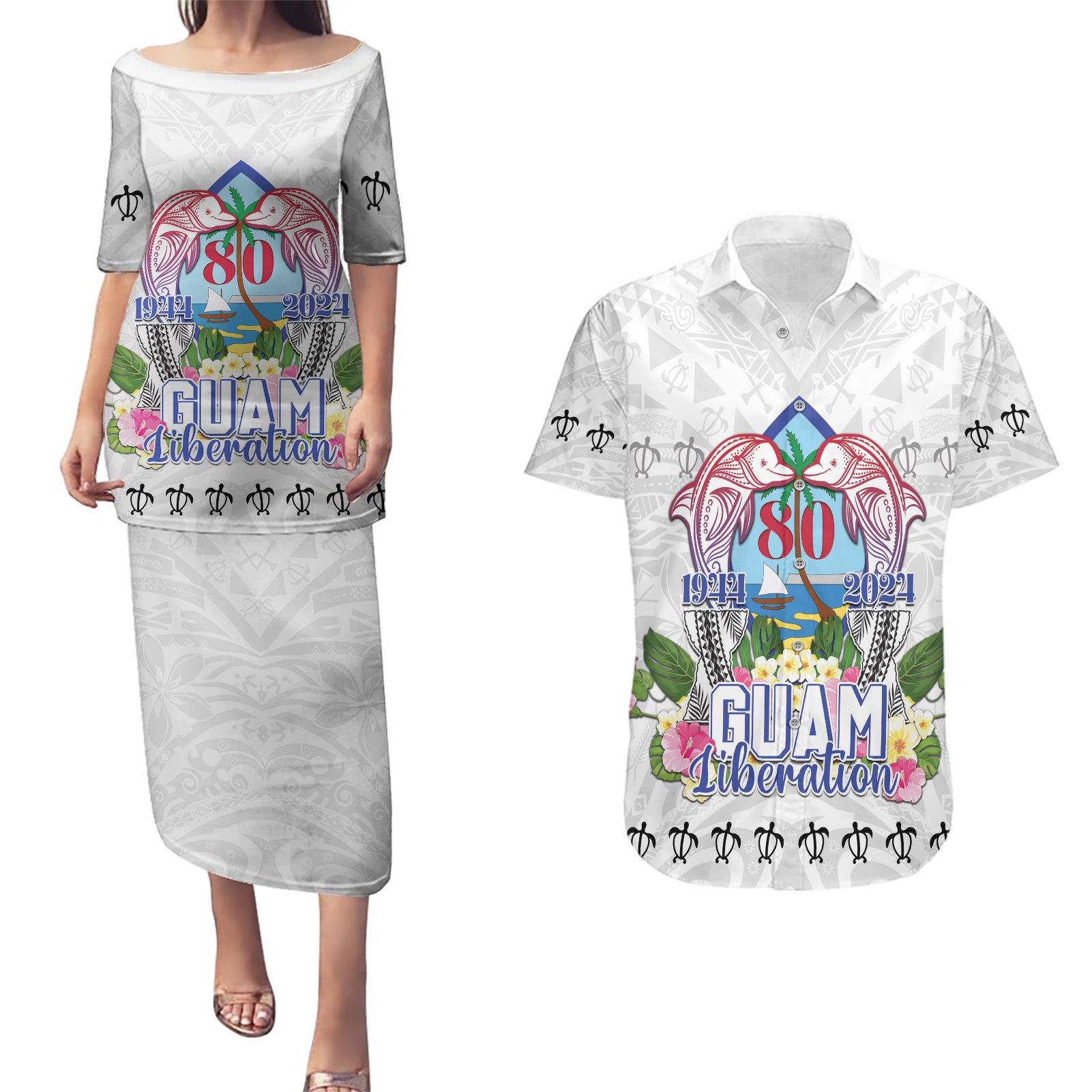 Guam Chamorro Liberation Day Couples Matching Puletasi and Hawaiian Shirt 80th Anniversary