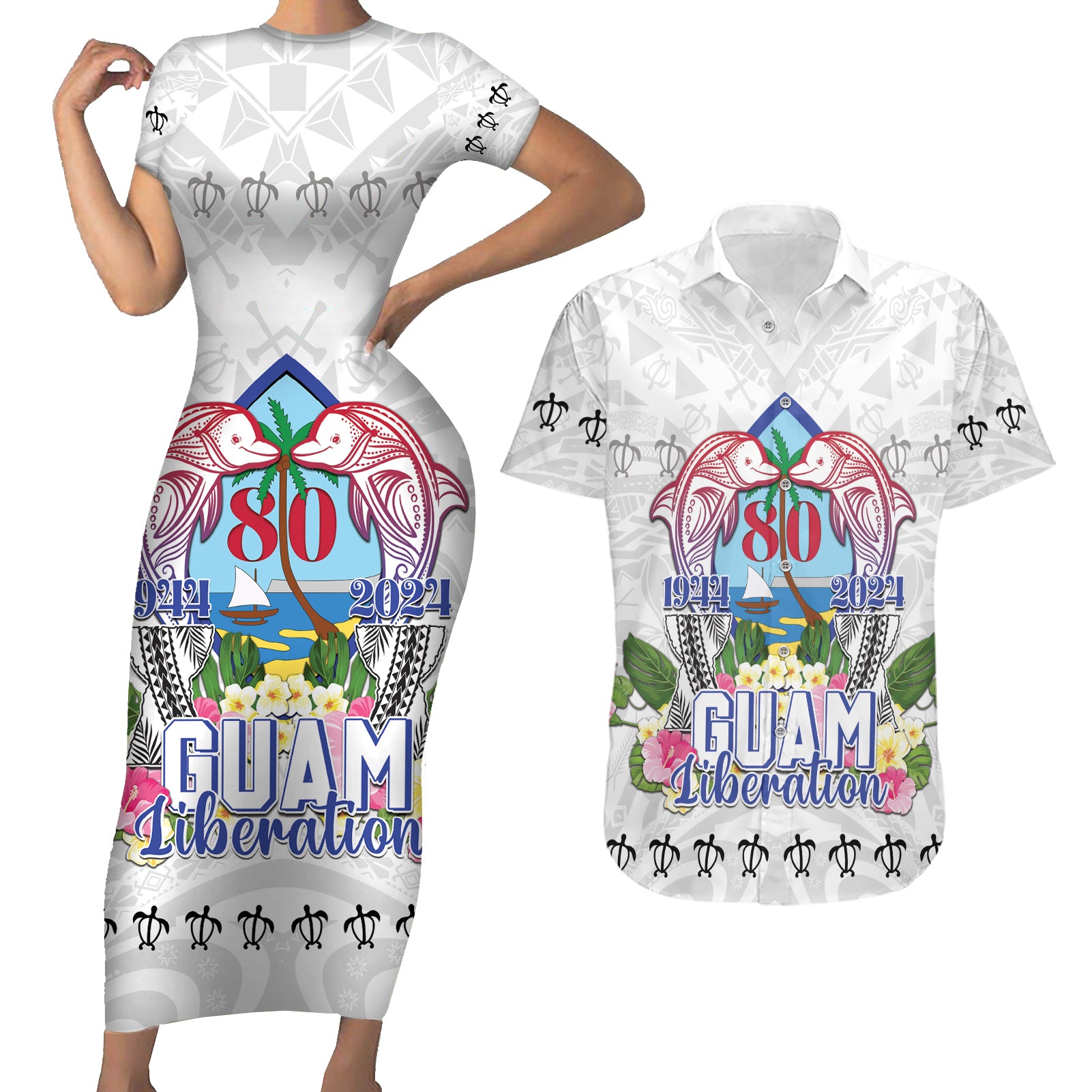 Guam Chamorro Liberation Day Couples Matching Short Sleeve Bodycon Dress and Hawaiian Shirt 80th Anniversary