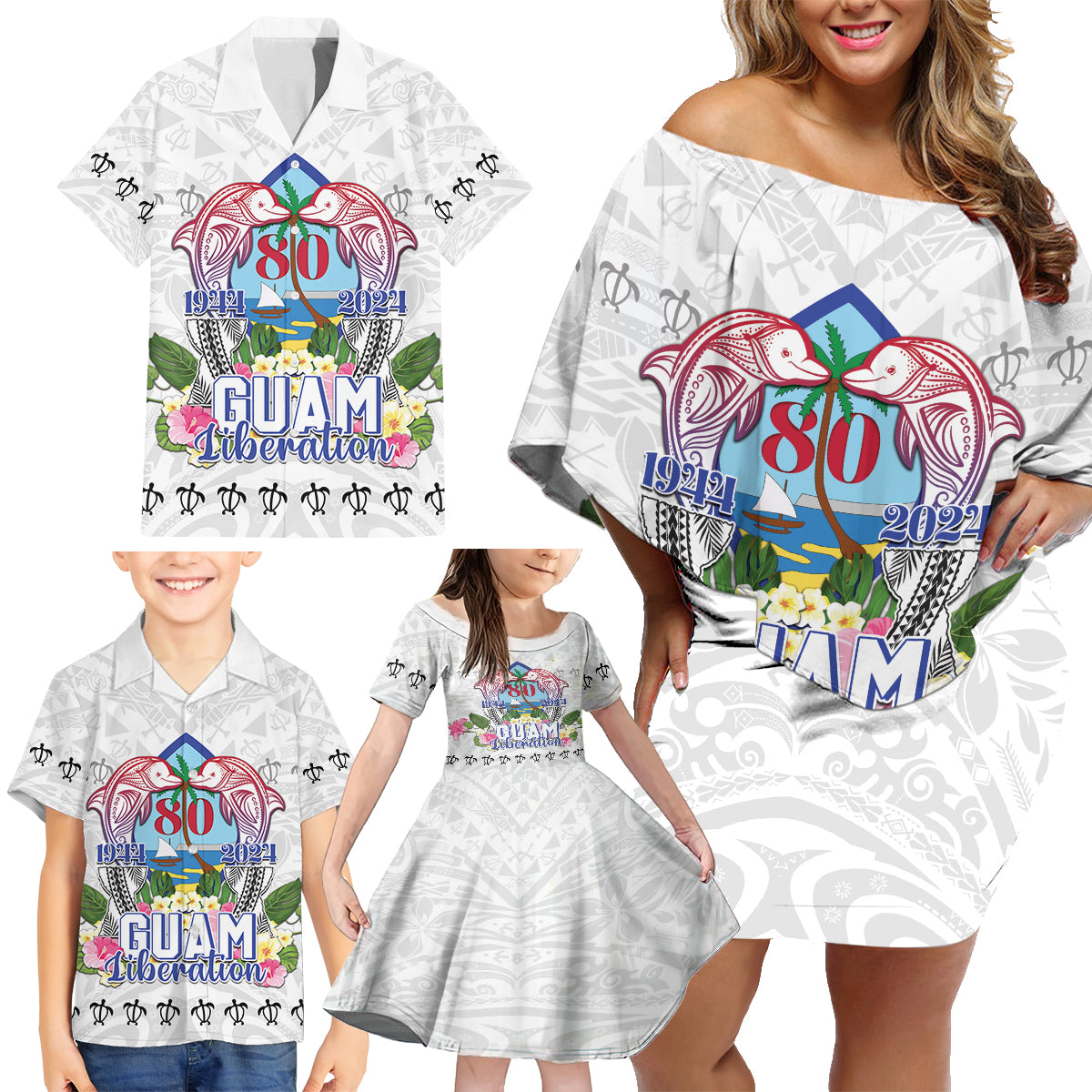 Guam Chamorro Liberation Day Family Matching Off Shoulder Short Dress and Hawaiian Shirt 80th Anniversary