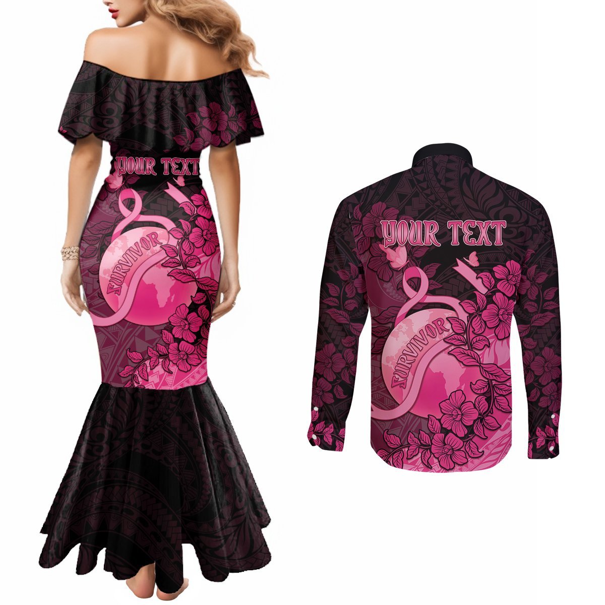 Personalised Cancer Fighter Couples Matching Mermaid Dress and Long Sleeve Button Shirt I Beat Cancer LT05 - Polynesian Pride