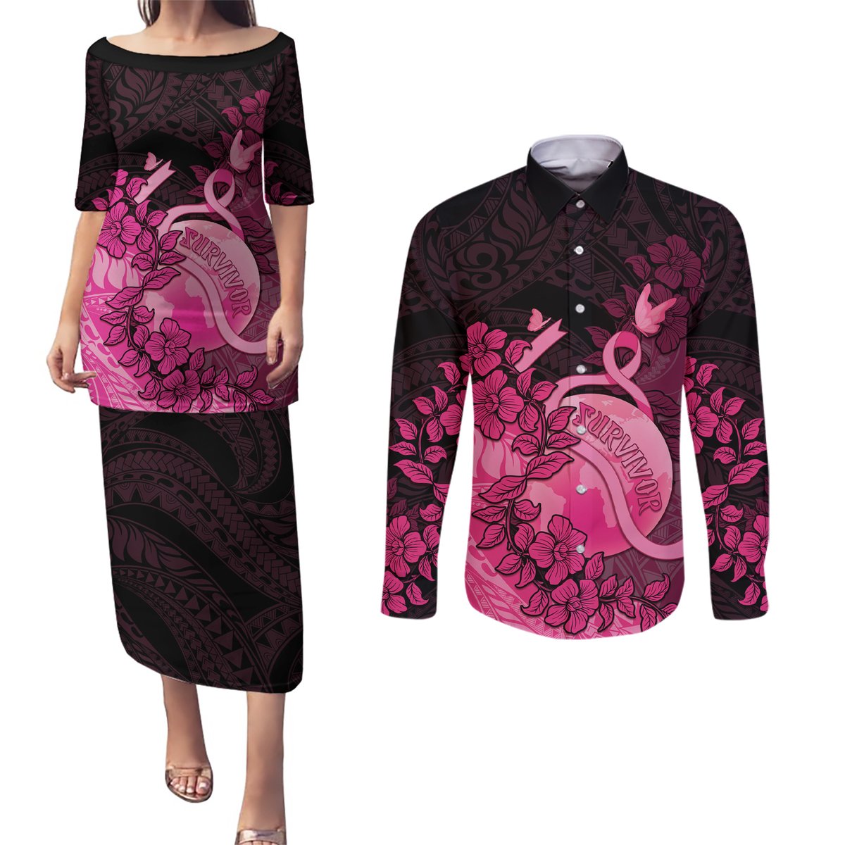 Personalised Cancer Fighter Couples Matching Puletasi and Long Sleeve Button Shirt I Beat Cancer LT05 Pink - Polynesian Pride