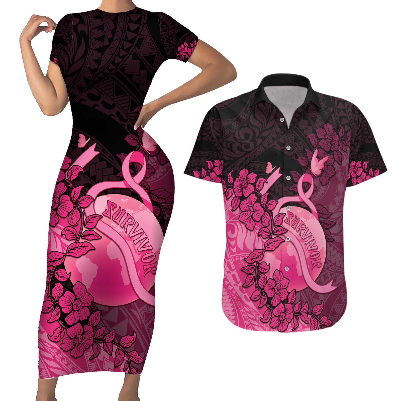 Personalised Cancer Fighter Couples Matching Short Sleeve Bodycon Dress and Hawaiian Shirt I Beat Cancer LT05 Pink - Polynesian Pride