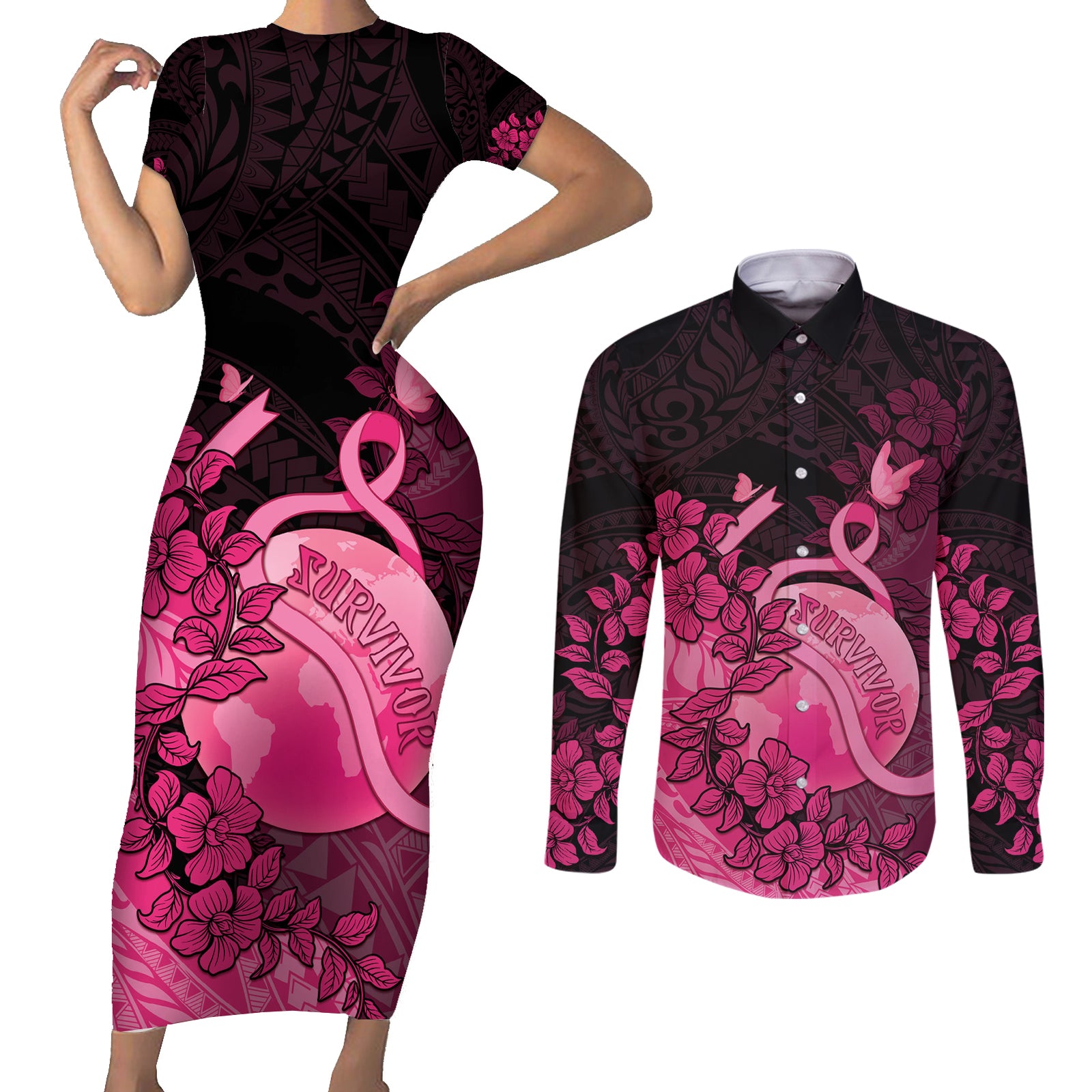 Personalised Cancer Fighter Couples Matching Short Sleeve Bodycon Dress and Long Sleeve Button Shirt I Beat Cancer LT05 Pink - Polynesian Pride