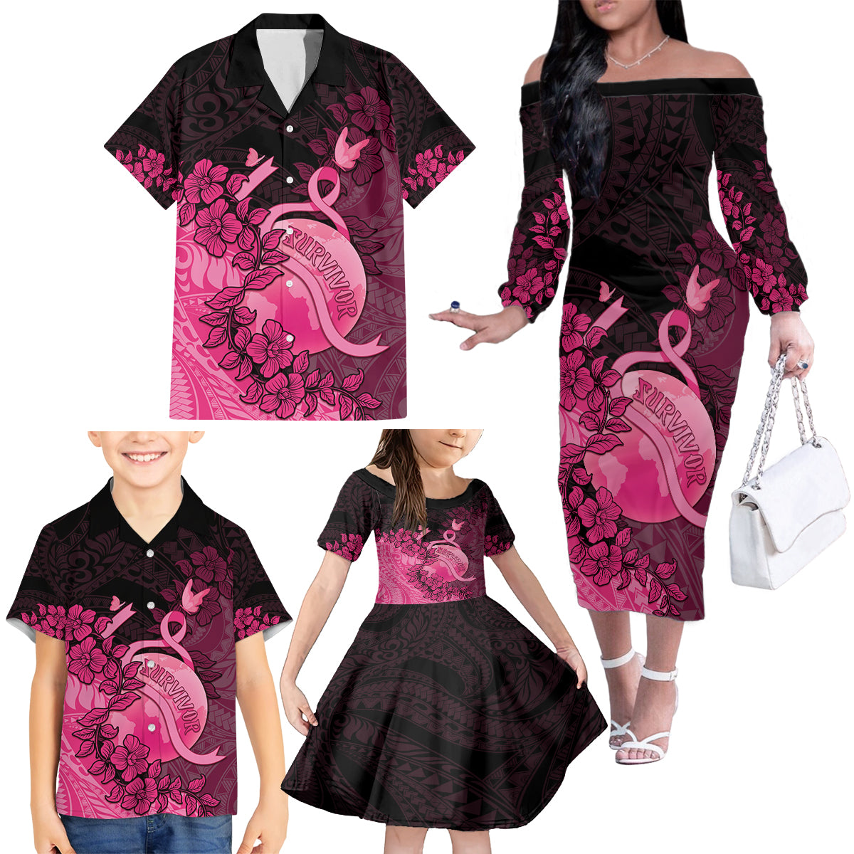 Personalised Cancer Fighter Family Matching Off The Shoulder Long Sleeve Dress and Hawaiian Shirt I Beat Cancer