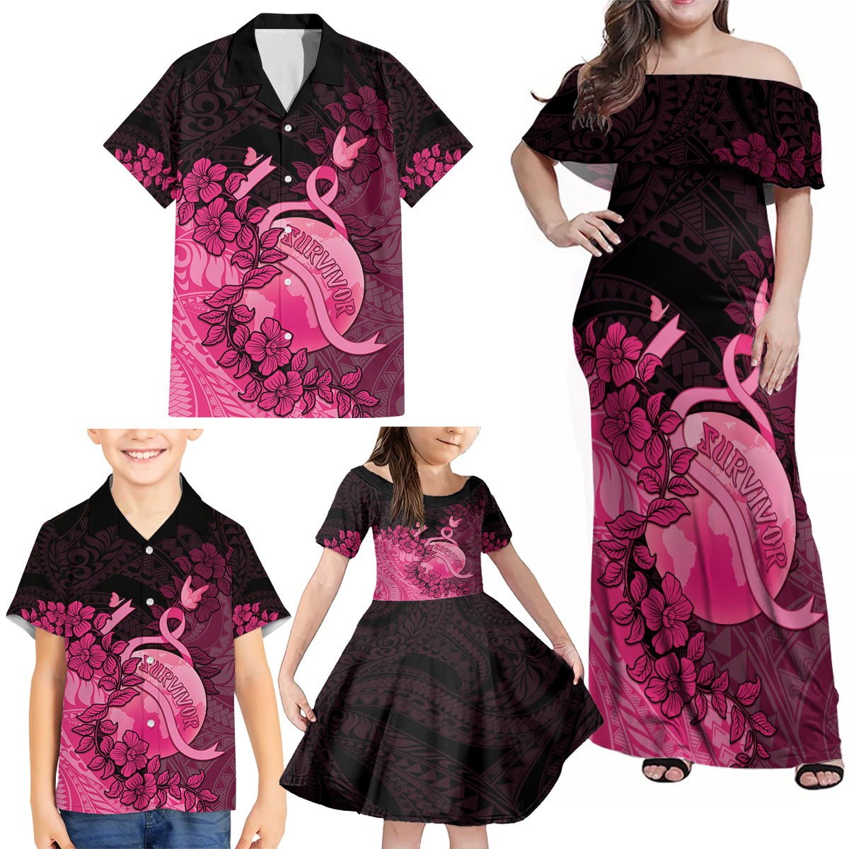 Personalised Cancer Fighter Family Matching Off Shoulder Maxi Dress and Hawaiian Shirt I Beat Cancer