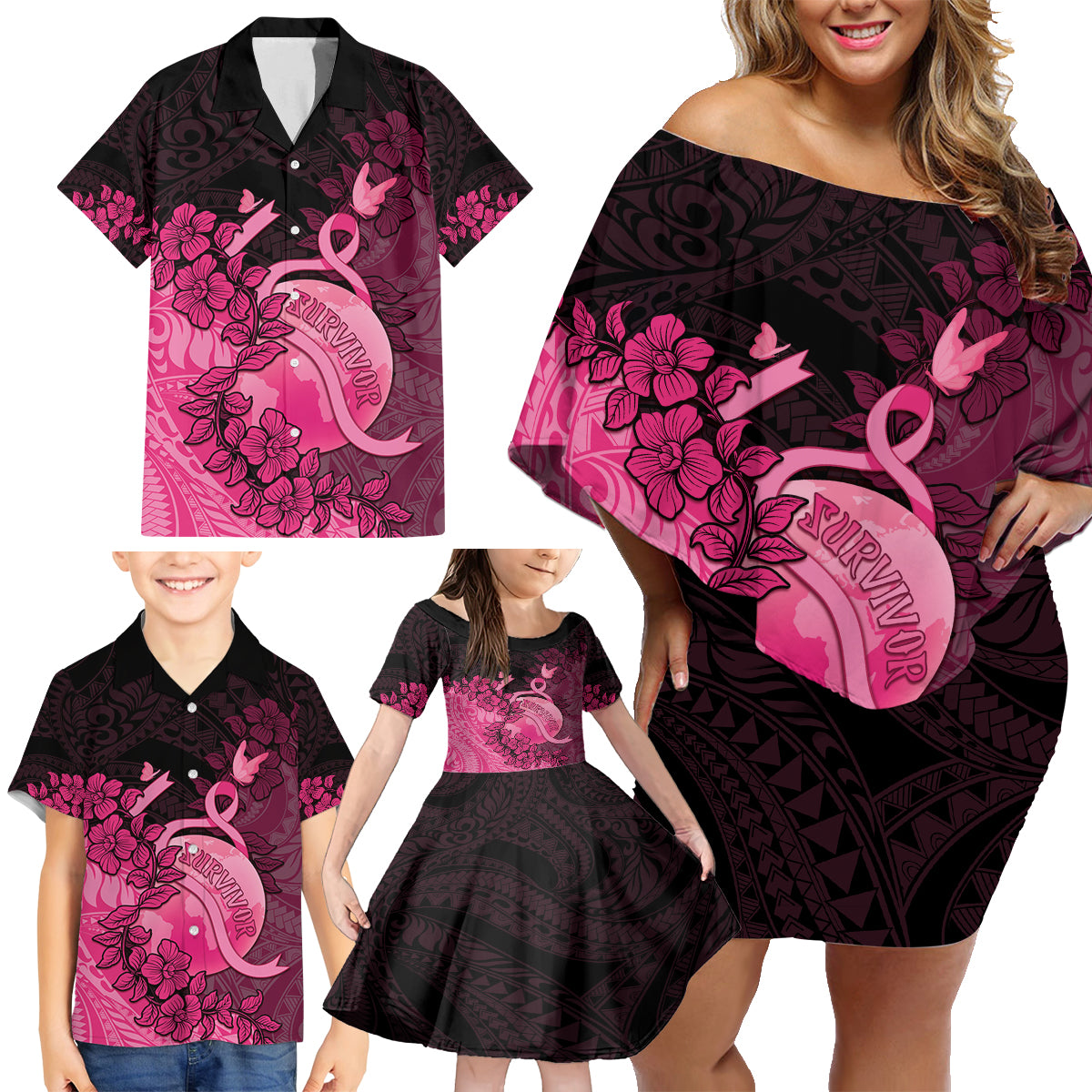 Personalised Cancer Fighter Family Matching Off Shoulder Short Dress and Hawaiian Shirt I Beat Cancer LT05 - Polynesian Pride