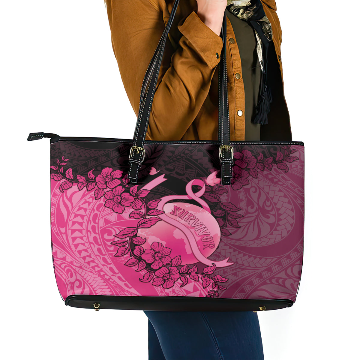 Cancer Fighter Leather Tote Bag I Beat Cancer LT05 - Polynesian Pride