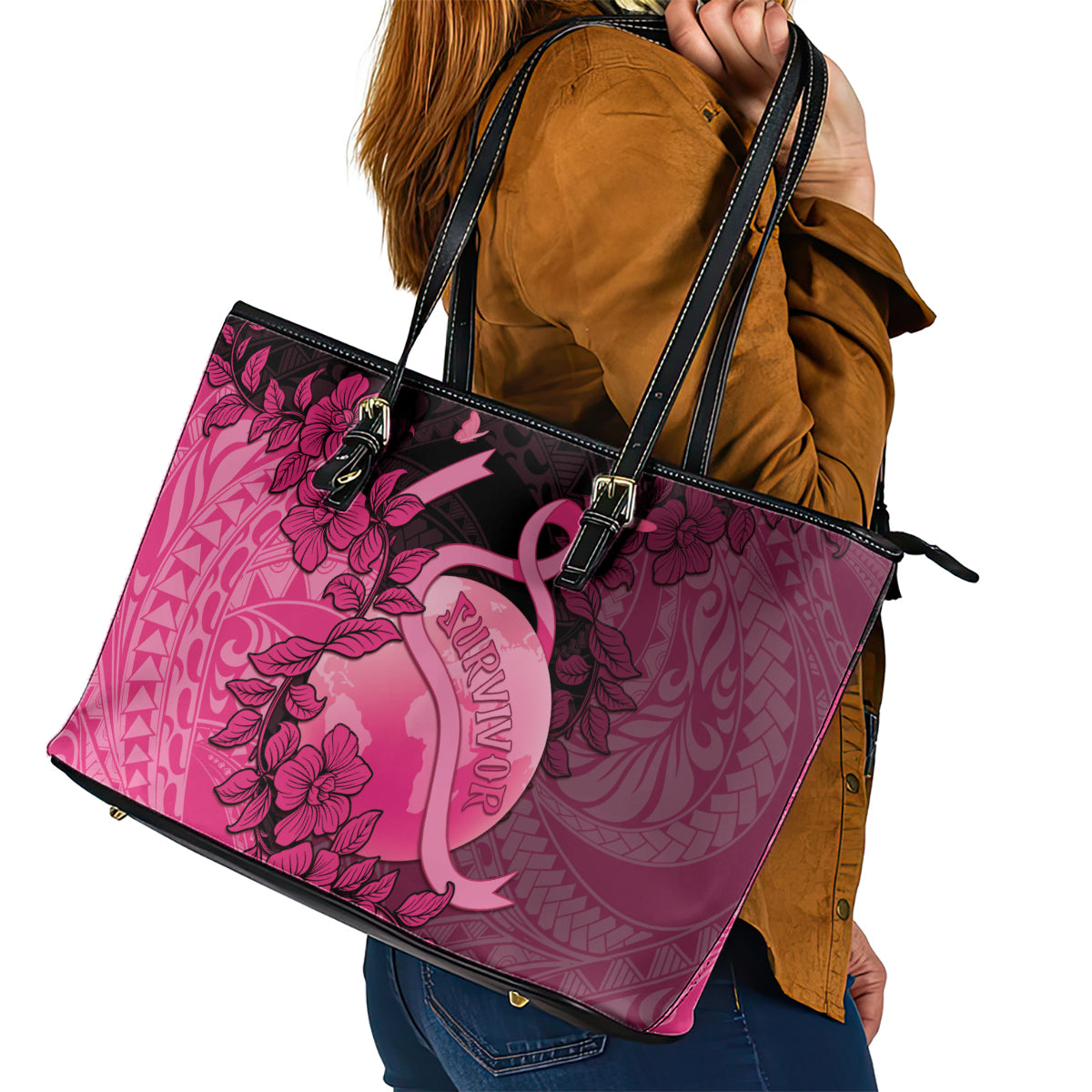 Cancer Fighter Leather Tote Bag I Beat Cancer LT05 - Polynesian Pride