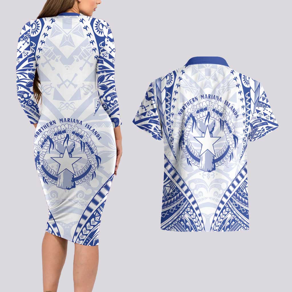 Northern Mariana Islands Liberation Day Couples Matching Long Sleeve Bodycon Dress and Hawaiian Shirt 79th Anniversary