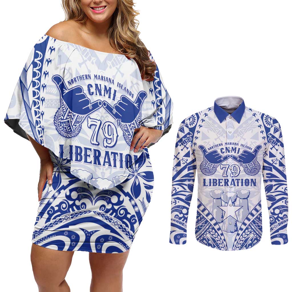Northern Mariana Islands Liberation Day Couples Matching Off Shoulder Short Dress and Long Sleeve Button Shirt 79th Anniversary