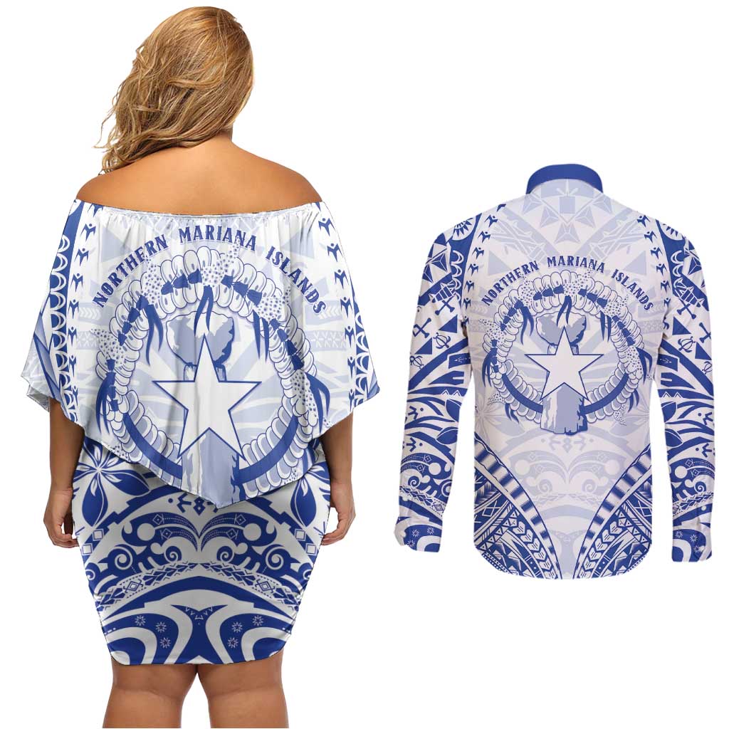 Northern Mariana Islands Liberation Day Couples Matching Off Shoulder Short Dress and Long Sleeve Button Shirt 79th Anniversary