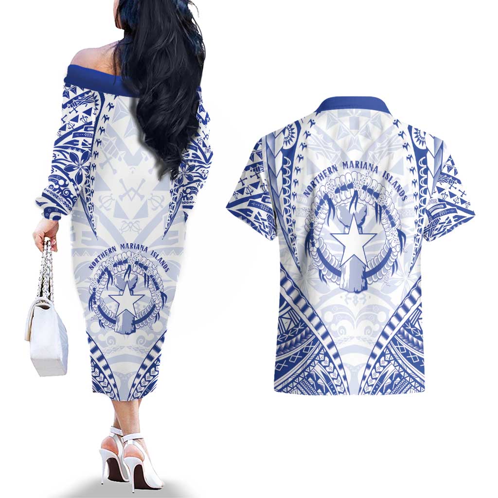 Northern Mariana Islands Liberation Day Couples Matching Off The Shoulder Long Sleeve Dress and Hawaiian Shirt 79th Anniversary