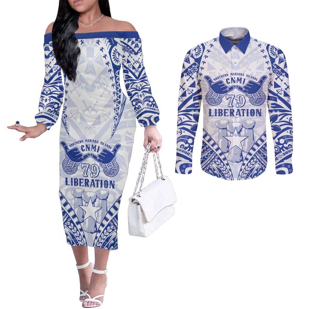 Northern Mariana Islands Liberation Day Couples Matching Off The Shoulder Long Sleeve Dress and Long Sleeve Button Shirt 79th Anniversary