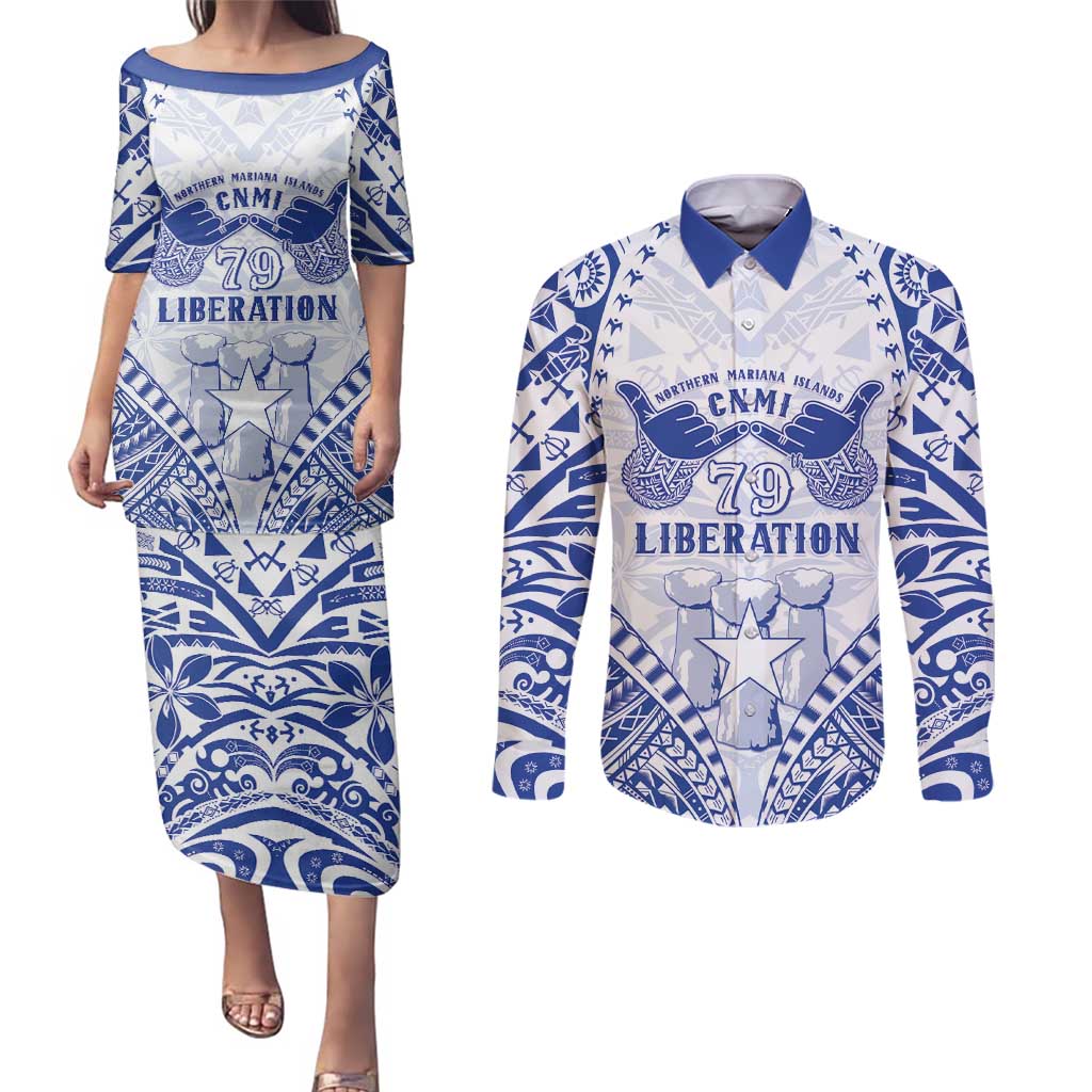 Northern Mariana Islands Liberation Day Couples Matching Puletasi and Long Sleeve Button Shirt 79th Anniversary