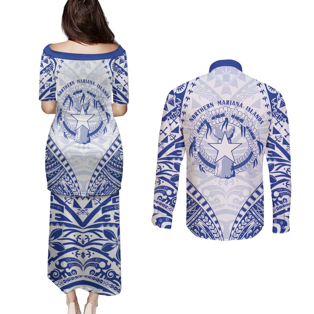 Northern Mariana Islands Liberation Day Couples Matching Puletasi and Long Sleeve Button Shirt 79th Anniversary