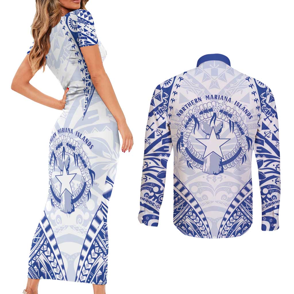 Northern Mariana Islands Liberation Day Couples Matching Short Sleeve Bodycon Dress and Long Sleeve Button Shirt 79th Anniversary