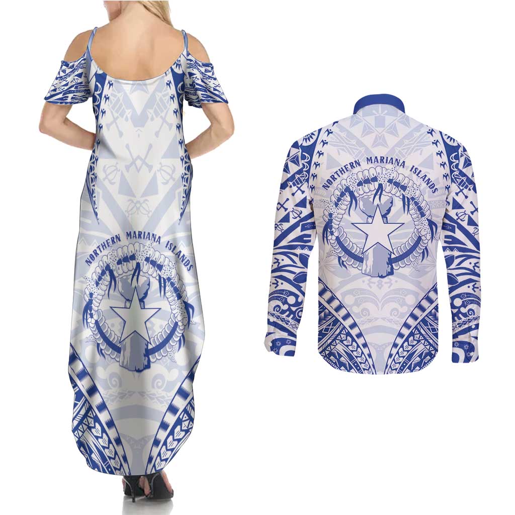 Northern Mariana Islands Liberation Day Couples Matching Summer Maxi Dress and Long Sleeve Button Shirt 79th Anniversary
