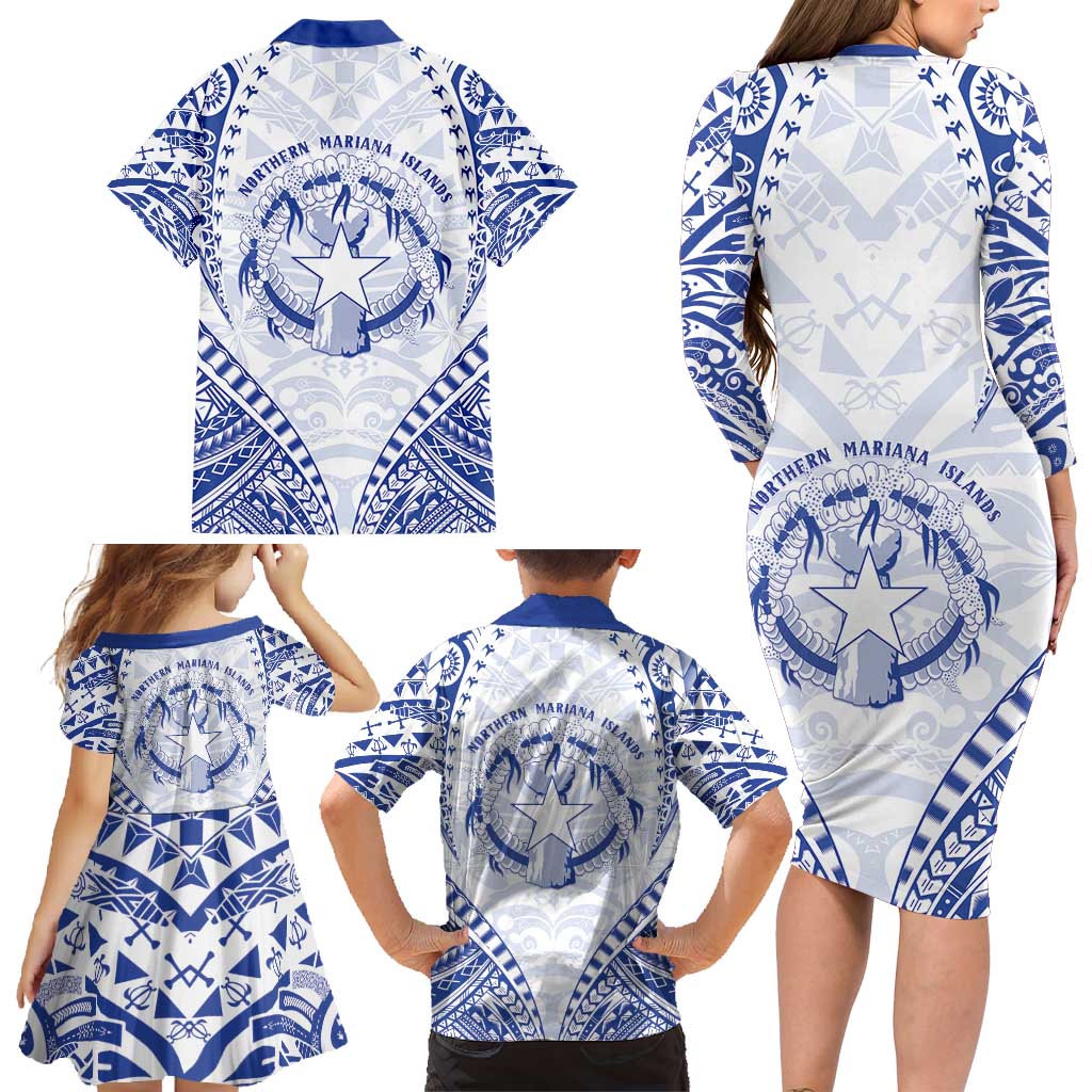 Northern Mariana Islands Liberation Day Family Matching Long Sleeve Bodycon Dress and Hawaiian Shirt 79th Anniversary