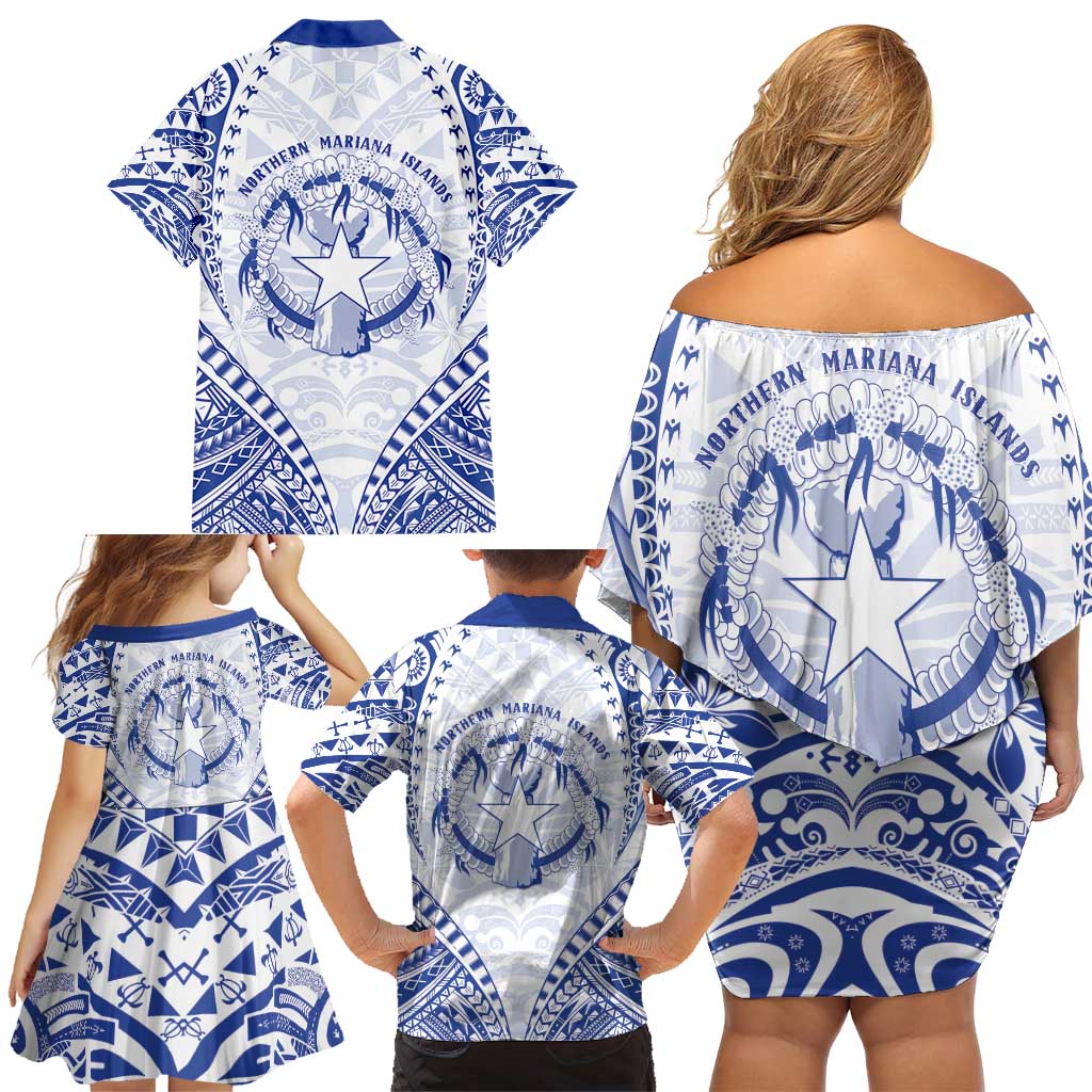 Northern Mariana Islands Liberation Day Family Matching Off Shoulder Short Dress and Hawaiian Shirt 79th Anniversary